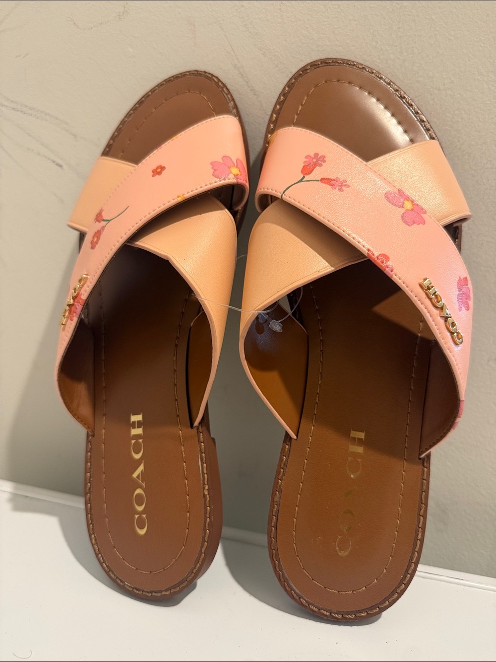 COACH Peach Floral Crisscross Slide Sandals